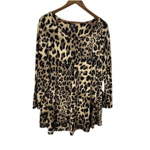 JM Collection Leopard Print Tunic Top Women's Plus Sz 3X 3/4 Sleeve Knit Stretch